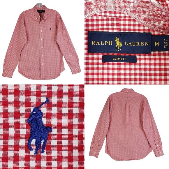 Polo Ralph Lauren Oxford Shirt Mens Size Medium Button Down Red Gingham Slim - Picture 1 of 9